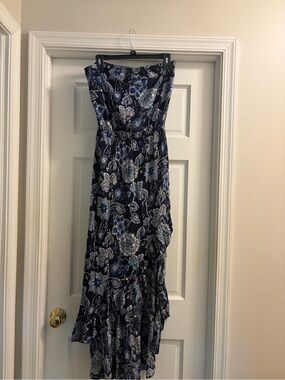 Strapless Navy Blue Floral Maxi Dress